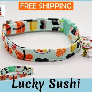 Sushi cat collar, novelty cat collar, kitten collar, cat collar with Maneki Neko bell, mint cat collar,blue,silver,Crafts4Cats