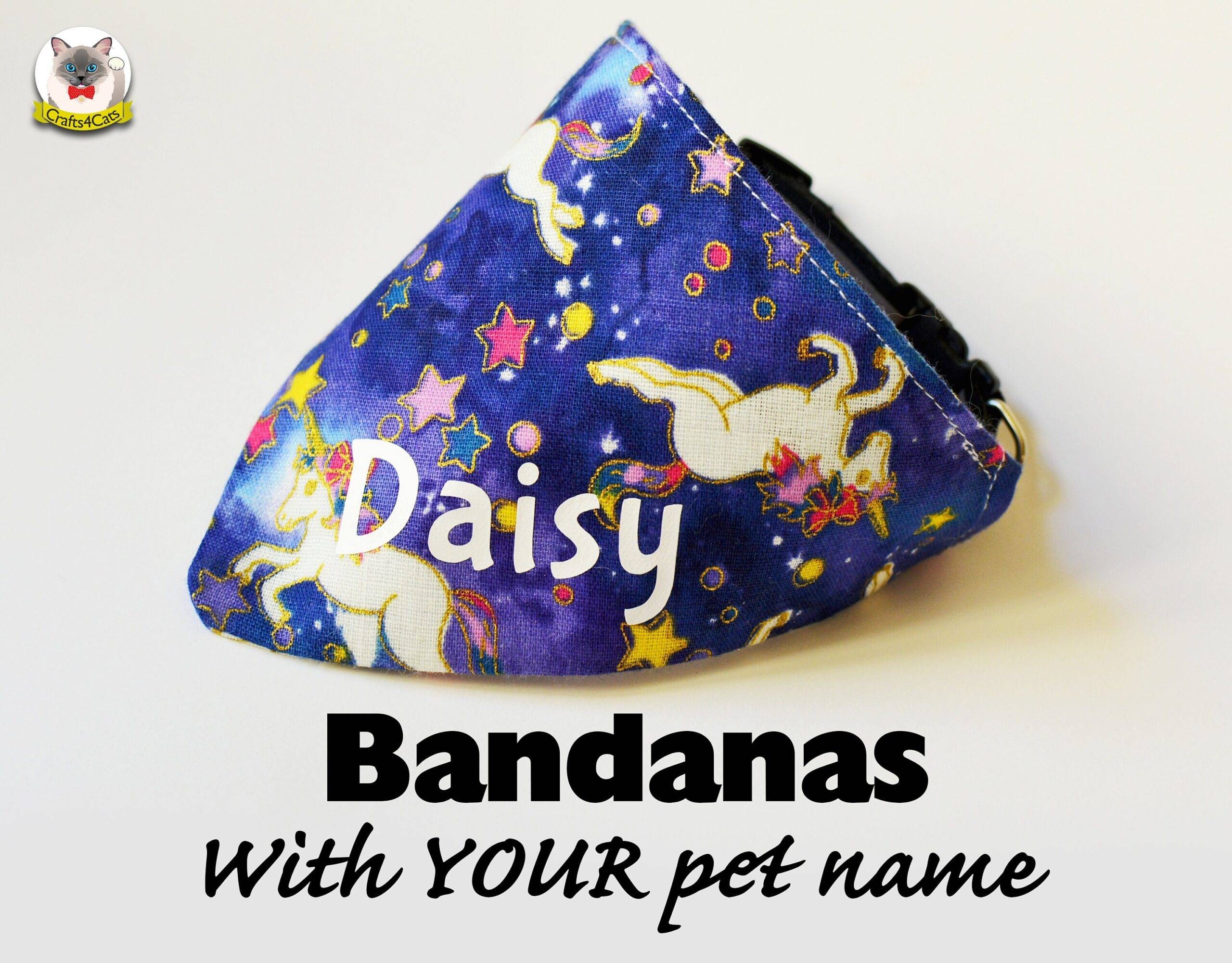 Bandanas Personalised – with Your pet name / Gold or white text – any font / Unicorns and Princes pink crowns with glitters / neck kerchif