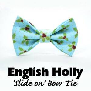 Bow tie ‘English Holly’ vibrant blue hue & a charming gold for pet collars