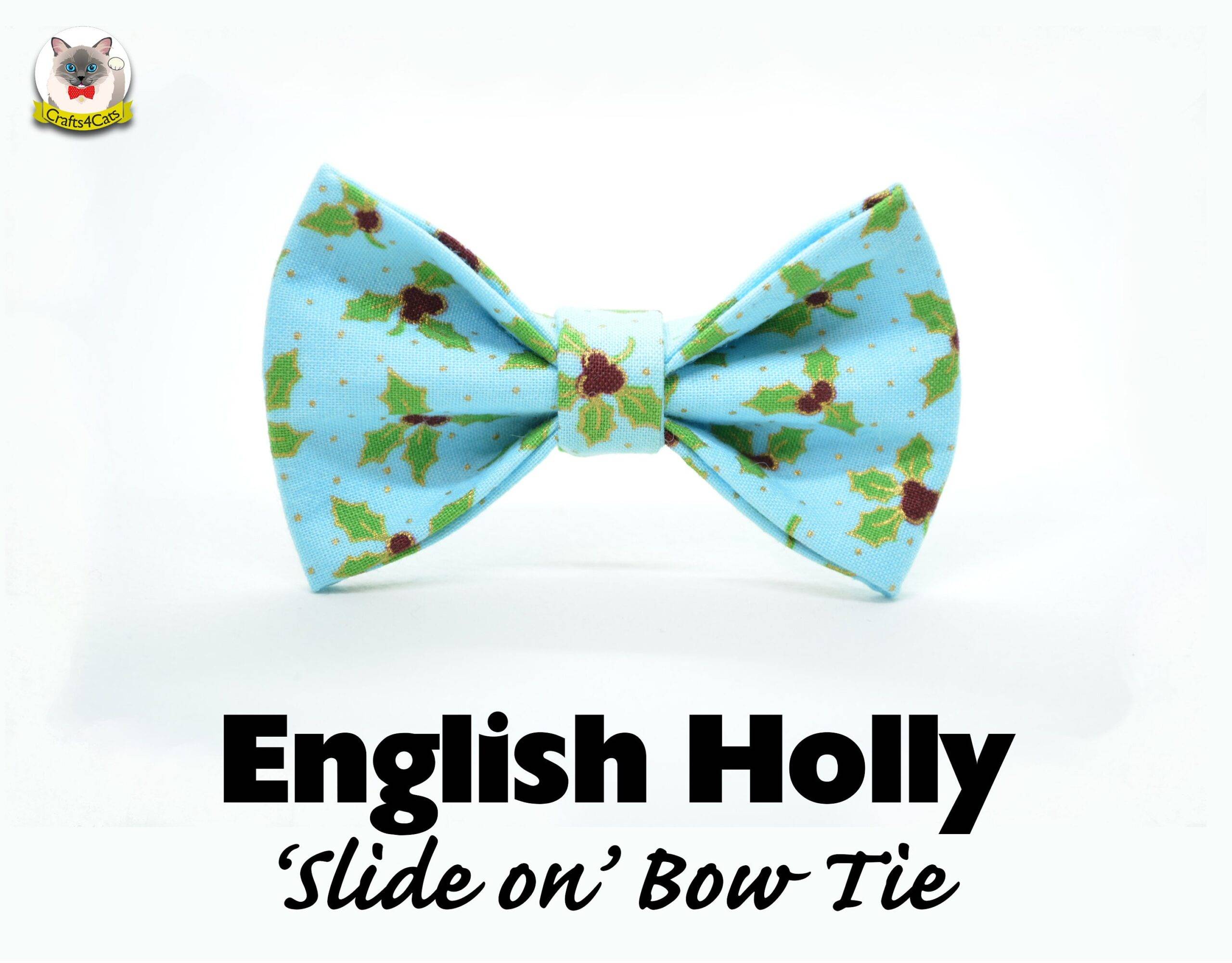 Cat bow tie ‘English Holly’ //green gold bow tie for collars, dog bow, cat bow, removable bow tie,Cat collar, Crafts4Cats