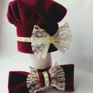 Hat for cat or dog and bow tie ‘Renaissance’ , handmade from red velour Crafts4Cats