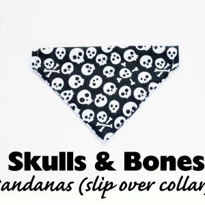 Cute ‘Skulls & Bones’ bandanas for cats and dogs, white skulls on black