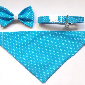 Cat bow + cat collar + bandana set for cats /cat collar breakaway, dog bandana, removable bow tie, blue cat bandana, polkadot cat bandana