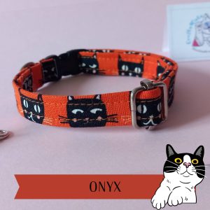 Black cats collar ‘Onyx’ on orange – glow in the dark cats eyes, with bell